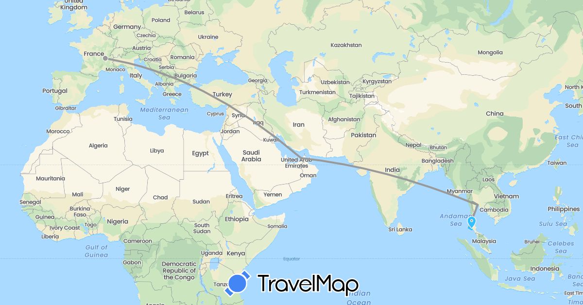 TravelMap itinerary: driving, bus, plane, boat in United Arab Emirates, France, Thailand (Asia, Europe)
